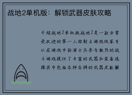 战地2单机版：解锁武器皮肤攻略